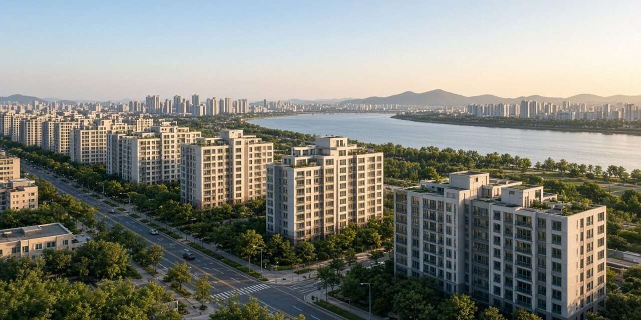 강변 주거 지구 풍경. 실제 단지 사진이 아닌 편집용 생성 이미지