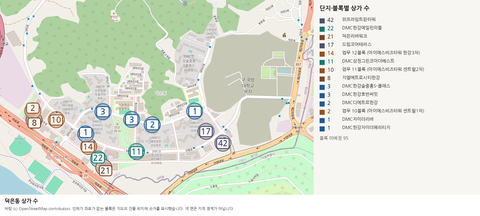 덕은동 단지와 블록별 상가 수