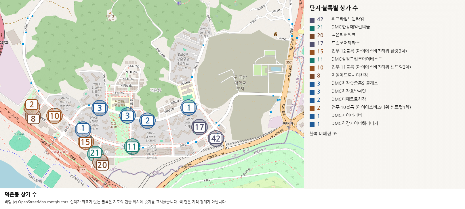 덕은동 단지와 블록별 상가 수
